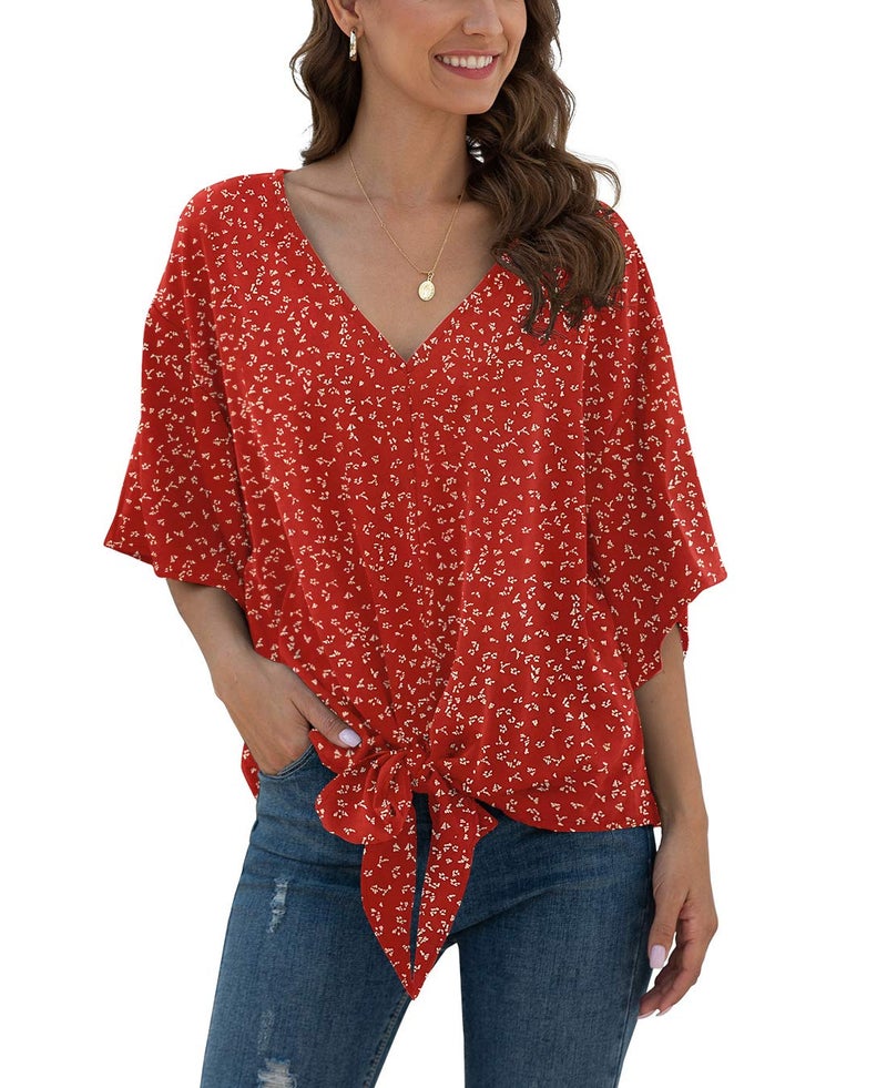 VIISHOW Womens Tie Front Loose Short Sleeve V Neck Floral Blouses Chiffon Tops Summer Shirts(Floral red,X-Large) - Image 2